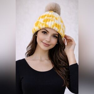 New Yellow and White Beanie with faux fur Pom Pom and lining